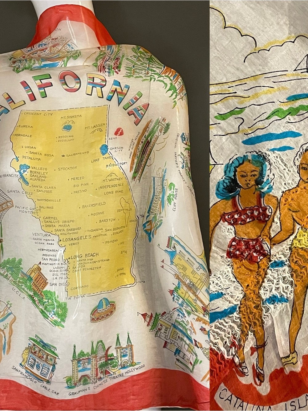 Rare Vintage 50s California Souvenir Silk Scarf 29 In Sq Poor to Fair Cond